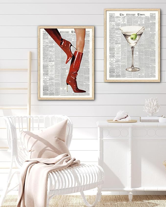 EcoHest Trendy Newspaper Martini Framed Wall Art, 16x20 in Large OAK Wood Retro Bar Cart Canvas Art, Magazine Aesthetic Apartment Art, Beige Logs Funky 70's Set of 1 for Bedroom Living Room