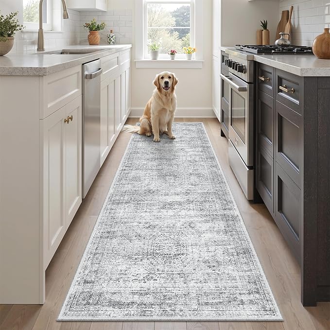 Soalmost Runner Rug 2x5 Washable Non-Slip Kitchen Runner Rugs for Bathroom Laundry Room Grey Vintage Floor Carpet Runners for Hallway Entryway