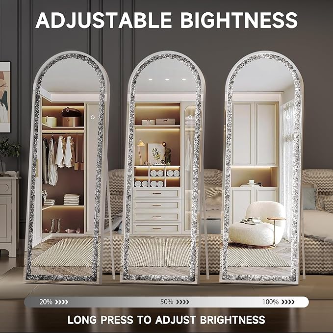 71"×24" Full-Length Mirror with Lights- Arch Crystal Crush Diamond Wall Mounted Hanging Diamond Mirror Leaning for Living Room Bedroom