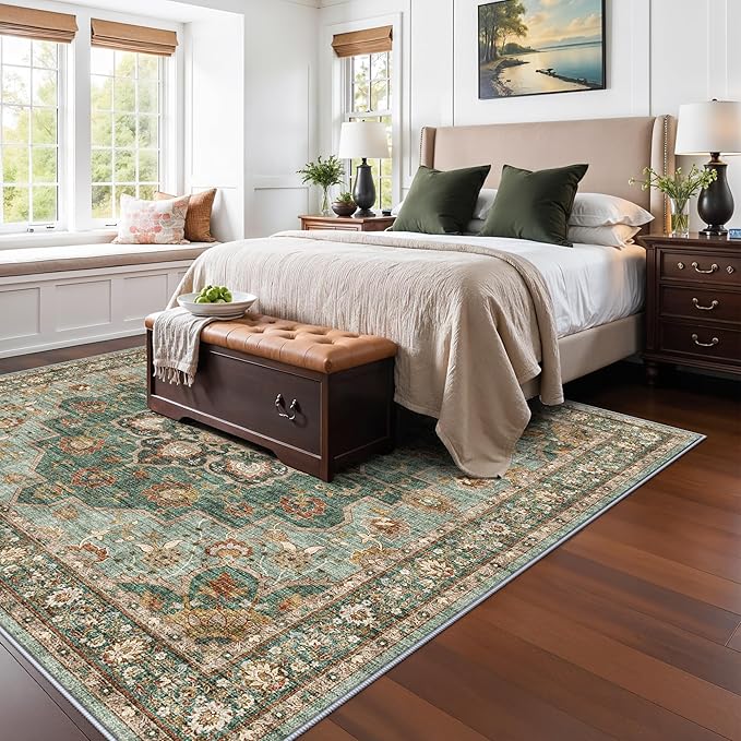 TOPRUUG Green Living Room Rug - Washable 8x8 Area Rug for Dining Room Under Table Oriental Soft Low Pile Carpet for Bedroom - Vintage Design Retro Indoor Decor (Green, 8x8)