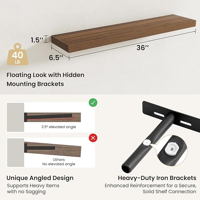 Fun Memories Rustic Wood Floating Shelves for Wall, Space-Saving Wall Mounted Shelves for Bathroom, Bedroom, Living Room and Kitchen, Stylish Storage & Display (Set of 2, Walnut, 36 in)