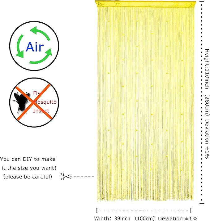 YaoYue Beaded Curtain Door String Curtains for Doorway Tassels Beads Hanging Fringe Hippie Room Divider Window Hallway Entrance Wall Closet Bedroom Privacy Decor (39×110in/100×280cm, Yellow)