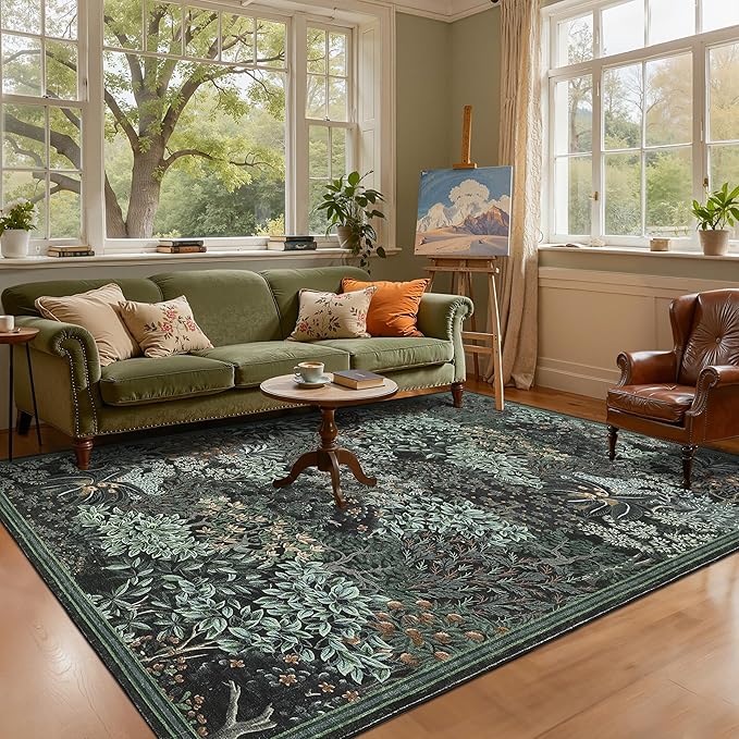 GarveeHome Forest Rug 9x12 Washable Area Rugs for Living Room, Botanical Low Pile Non Slip Stain Resistance Large Woodland Carpet for Office Dining Room Bedroom Farmhouse, Black Green