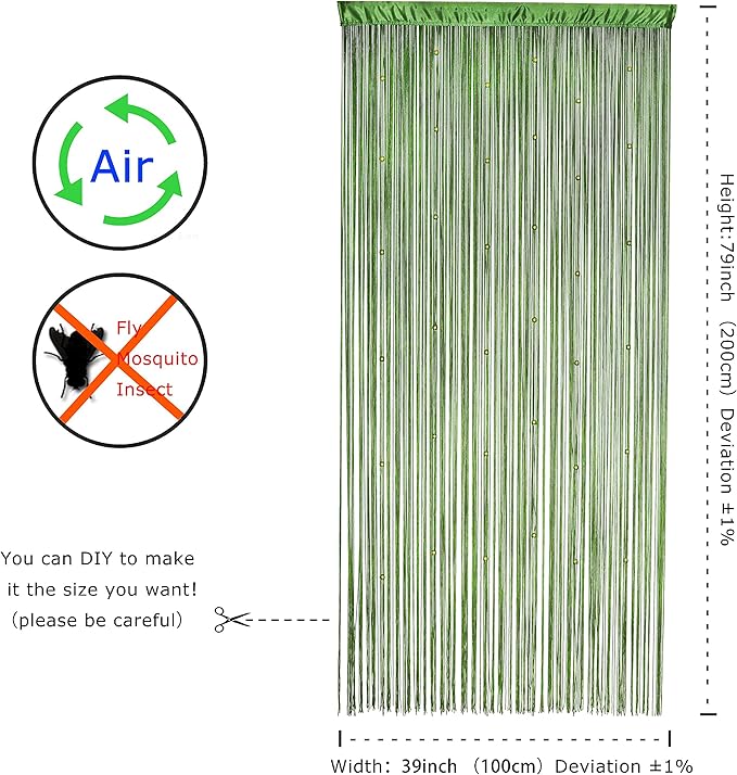 YaoYue Beaded Curtain Door String Curtains for Doorway Tassels Beads Hanging Fringe Hippie Room Divider Window Hallway Entrance Wall Closet Bedroom Privacy Decor (Grass Green, 100×200cm)
