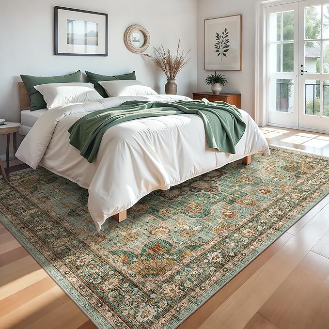 TOPRUUG Green Living Room Rug - Washable 9x9 Area Rug for Dining Room Under Table Oriental Soft Low Pile Carpet for Bedroom - Vintage Design Retro Indoor Decor (Green, 9x9)