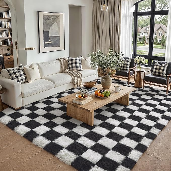 PureCozy Checkered Rug 9x12 for Living Room, Black and White Modern Shag Rugs Super Soft Washable Indoor Office Fuzzy Carpet Non-Slip Fluffy Rugs for Bedroom Home Aesthetic Decor