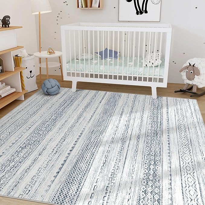 Nakagishi 9x12 Area Rugs Living Room: Washable Boho Large Neutral Soft Farmhouse Rug Stain Resistant Modern Indoor Floor Non-Slip Carpet for Bedroom Nursery Kids Playroom Office Dining Dorm-White Blue