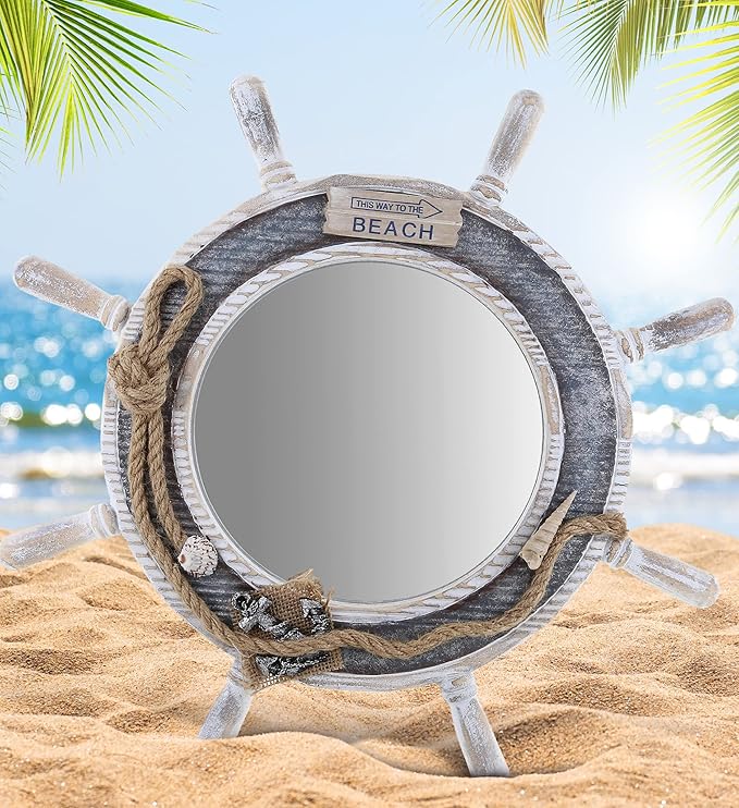 CoTa Global Silver Sea Beach Wall Decor Nautical Ship Wheel Mirror - Handcrafted Wooden Ship Wheel Mirror with Hanger, Nautical Themed Home Decor, Decorative Ornament