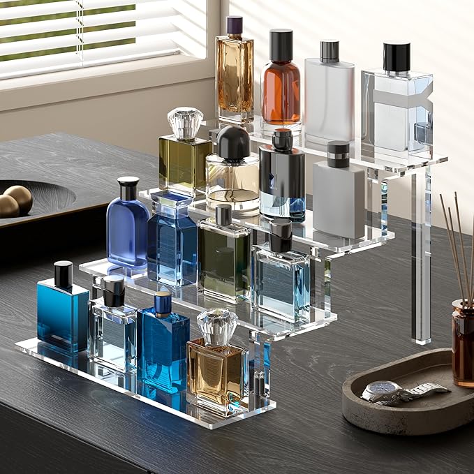 WINKINE Clear Perfume Organizer, Acrylic Risers for Display Compatible with Funko Amiibo POP Figures, 4 Tier Cupcake Stand for Dresser, Cologne Organizer for Men, Shelf Stand Risers 3 Pack