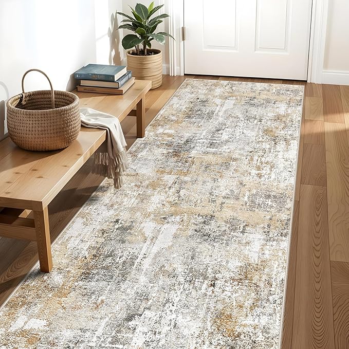 3x12 ft Long Hallway Runner Rug - Non-Slip Washable Kitchen Rug with Rubber Backing,Modern Abstract Neutral Thin Low Pile Floor Carpet Runner for Entryway,Bedroom,Living Room（Gold Grey）