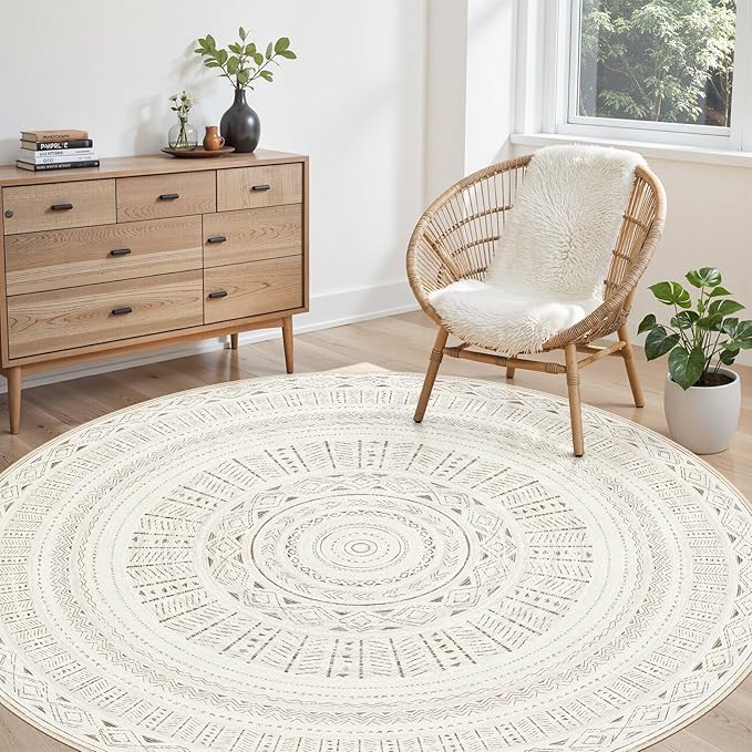 cotiled 6x6 Round Area Rug Living Room: Washable Boho Rugs with Non Slip Backing Large Soft Indoor Stain Resistant Carpet for Bedroom Farmhouse Dining Room Lightweight Home Decor L Brown/Cream