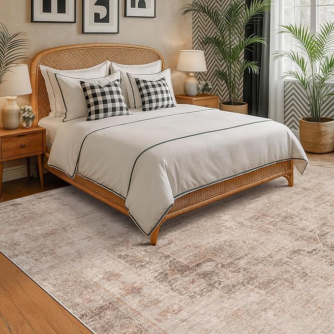 Hazo Haus Farmhouse Area Rugs for Living Room, 8x10 Washable Modern Abstract Rug for Bedroom, Dining Room Under Table & Home Office, Ultra-Soft Low Pile Design, Stain Resistant (Beige & Peach)
