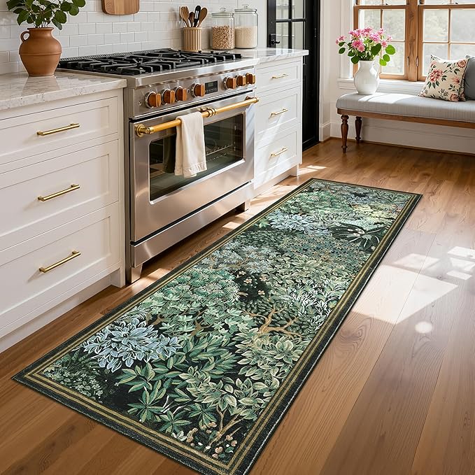 GarveeHome Forest Runner Rug, Blue Green Washable Runner Rug 2x6 for Kitchen, Botanical Low Pile Non Slip Stain Resistance Woodland Hallway Rug for Entryway Bedroom Laundry Room