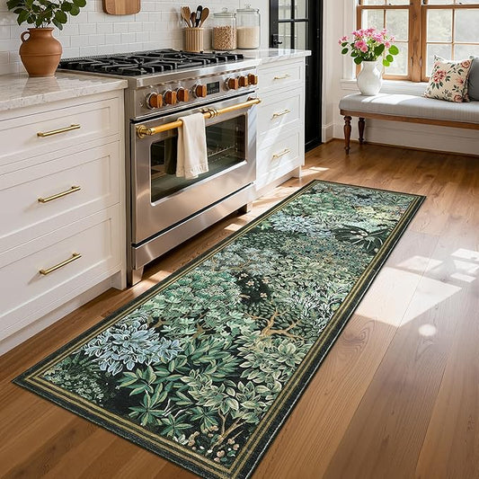 GarveeHome Forest Runner Rug 2.5x8, Blue Green Washable Runner Rug for Kitchen, Botanical Low Pile Non Slip Stain Resistance Woodland Hallway Rug for Entryway Bedroom Laundry Room