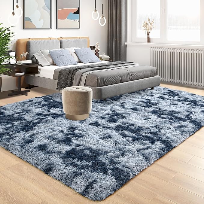Tepook Fluffy Large Rugs for Living Room, 8x10 Area Rugs for Bedroom, Modern Shag Rug Fuzzy Carpets for Kids Boys Girls, Plush Indoor Nursery Home Decor Rug with Non-Slip Bottom, Tie-dye Dark Blue
