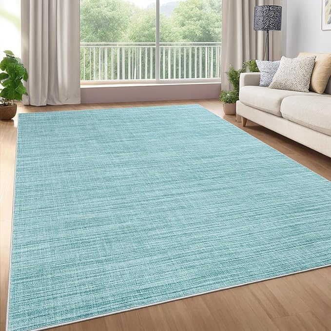 Washable Area Rug 8x10 for Living Room Bedroom Non Slip Minimalist Solid Color Area Rugs Modern Abstract Plain Dining Room Throw Carpet Low Pile Soft Classic Boho Rugs for Kitchen Nursery Oiifce, Blue