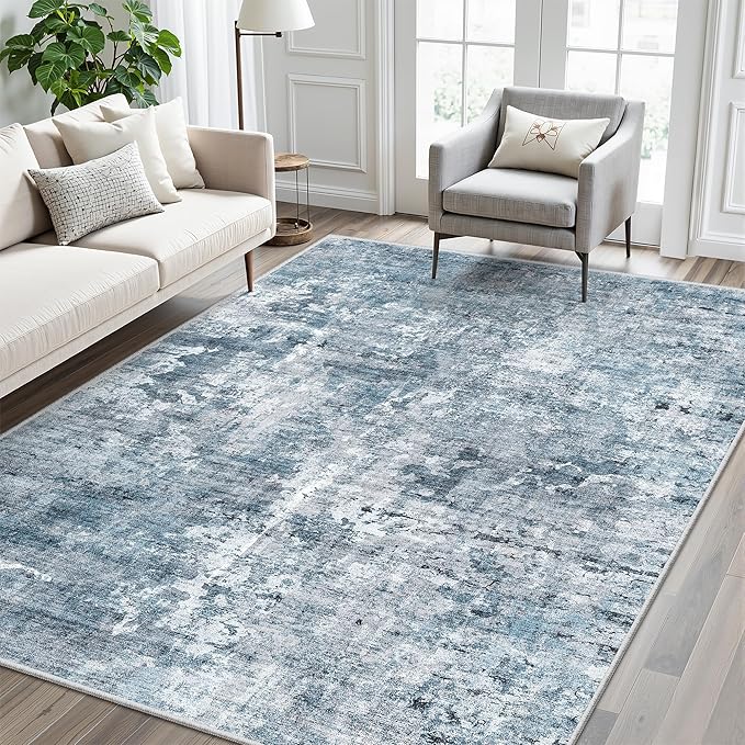 Soalmost Abstract Rug 5x7 Machine Washable Area Indoor Blue Low Pile Non-Slip Foldable Thin Accent Rugs for Bedroom Living Room Dining Room
