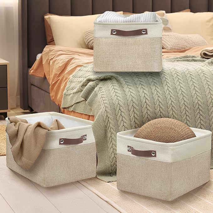Simple Houseware Large Fabric Storage Bin, 15" x 11" with Leather Like Handles, 3 Pack, Beige