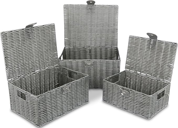 Honygebia Grey Wicker Storage Baskets - Set of 3 Decorative Nesting Boxes with Lids, Woven Basket with Lock & Handle, Organizer for Beauty Makeup Bathroom Decor