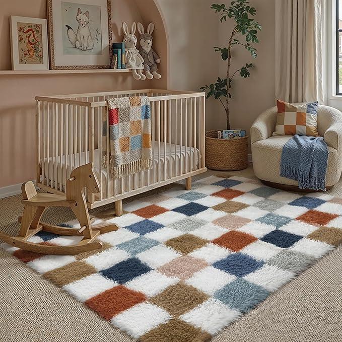 PureCozy Checkered Rug 4x6 for Living Room, Modern Rainbow Shag Rug Super Soft Washable Fluffy Rugs Indoor Fuzzy Carpet for Bedroom Home Dorm Aesthetic Decor
