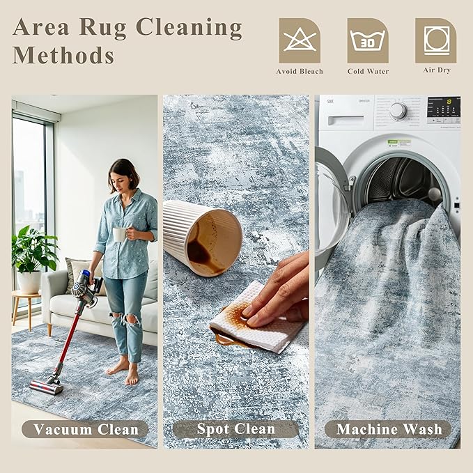 2x6 Washable Non-Slip Hallway Runner Rug – Modern Abstract Soft Carpet Runner for Kitchen, Bedroom with Rubber Backing – Low-Pile Thin Stain-Resistant Rug for Laundry Room, Entryway (Blue Grey)