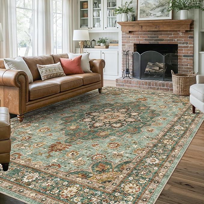 TOPRUUG Washable Oriental Area Rug - 7x10 Rugs for Living Room Soft Carpet for Bedroom Waterproof Floral Distressed Indoor Stain Resistant Non-Shedding Floor Carpets (Green, 7x10)