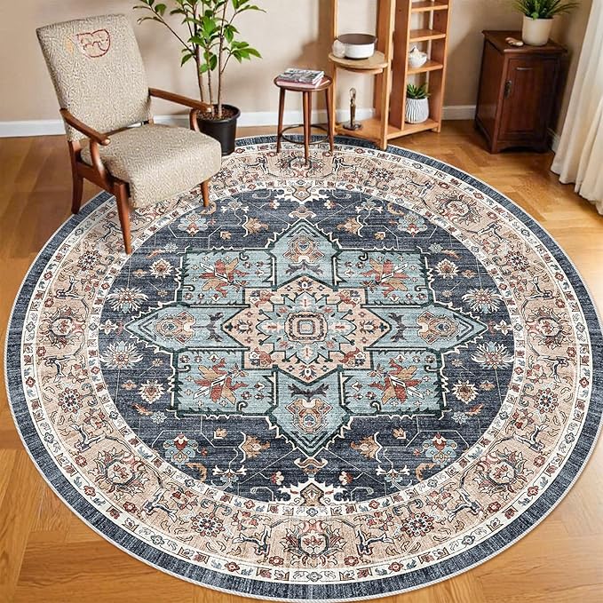 Washable Oriental Area Rug - 9ft Rugs for Living Room Soft Carpet for Bedroom Waterproof Floral Distressed Indoor Stain Resistant Non-Shedding Floor Carpets (Blue/Teal/Orange, 9ft-Round)