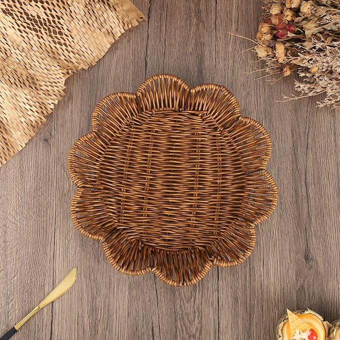 Natural Rattan Flower Shaped Storage Bowl 11" Hand Woven Basket Tray for Bread Fruit Key Round Kitchen Entryway Tabletop Decorative