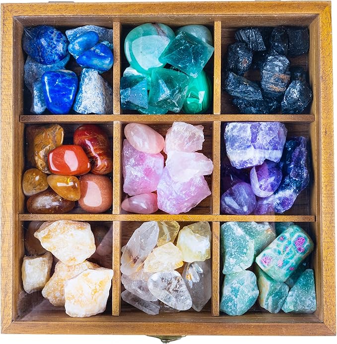 Curawood Rock Display Case - 8" x 8" Rock Collection Box for Kids & Adults - Crystal Holder for Stones Display Shelf with 9 Compartments & Acrylic Lid - Gemstone & Crystal Storage Box Organizer