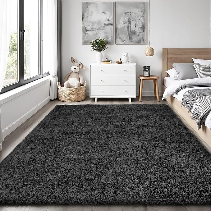 Area Rug for Living Room Bedroom: 4x6 Black Soft Fluffy Shag Upgrade Non-Slip High Pile Carpet Large Fuzzy Plush Indoor Floor Decor Shaggy Rug for Kid Boys Girls Dorms Playroom Nursery Modern Home