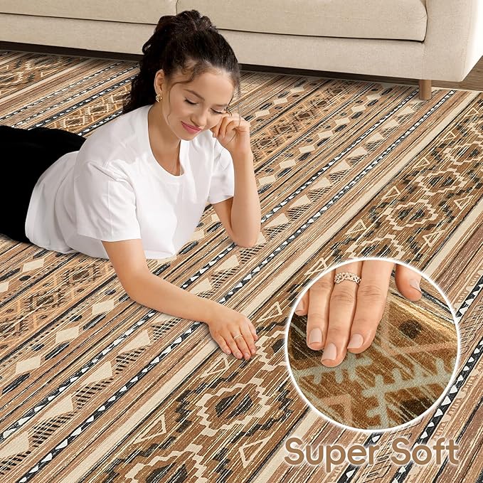 cotiled 7x9 Area Rug Living Room: Washable Boho Rugs with Non Slip Backing Large Soft Indoor Stain Resistant Carpet for Bedroom Farmhouse Dining Room Lightweight Home Decor Brown/Beige