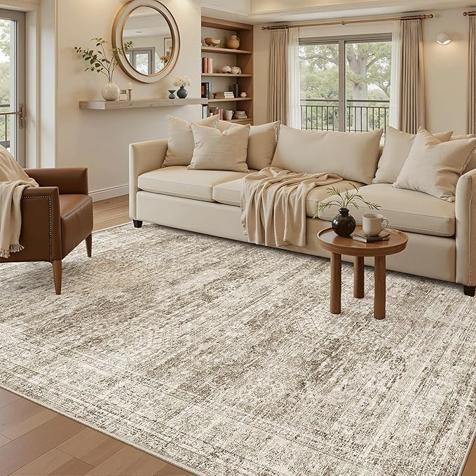 Soalmost 5x8 Area Rugs Brown Low Pile Indoor Washable Trendy Faded Style Rugs for Bedroom Living Room Dining Room Foldable Non-Slip Thin Print Home Office Mat