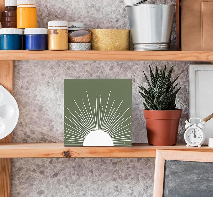 SRADMO Abstract Boho Green Sun Sunrise Sunset Sunshine Sunray Rustic Wood Box Sign Desk Decor，Boho Mid Century Modern Art Wooden Block Box Sign Decoration for Home Office Wall Shelf Table Decor