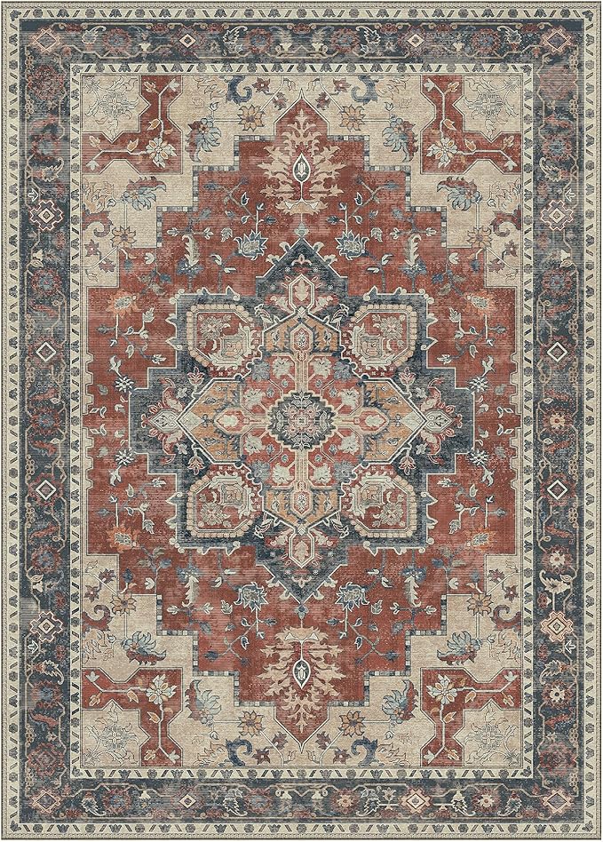 GENIMO 3x5 Area Rugs for Living Room, Machine Washable Non Slip Vintage Rugs, Low Pile Lightweight Chenille Print Rug for Bedroom, Dining Room, Home Office,Bordeaux