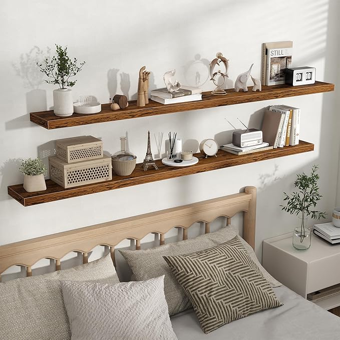 Fun Memories Floating Shelves for Wall, Rustic Wood Wall Mounted Shelves for Bathroom, Bedroom, Living Room and Kitchen, Storage & Home Decor (Set of 2, Brown, 72 in)