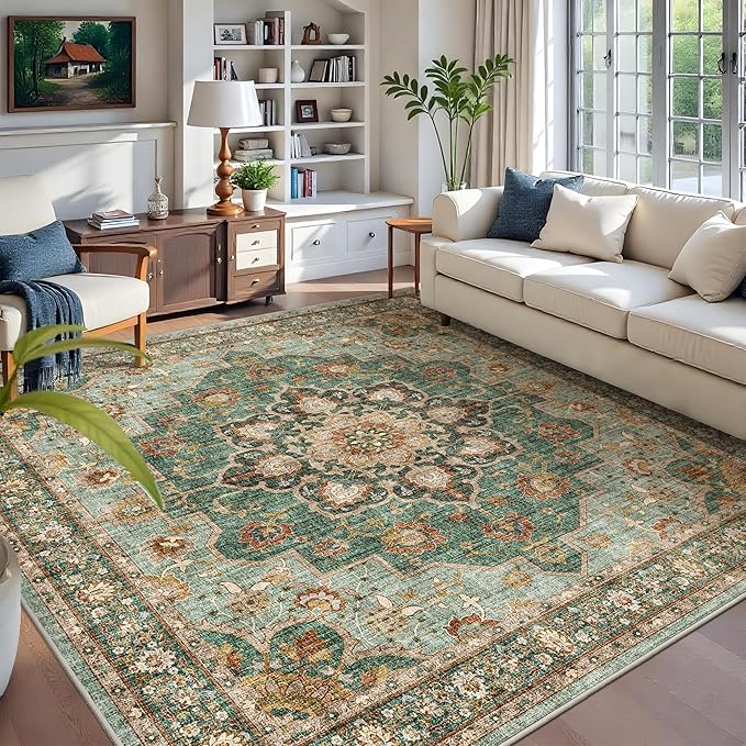 TOPRUUG Green Living Room Rug - Washable 9x9 Area Rug for Dining Room Under Table Oriental Soft Low Pile Carpet for Bedroom - Vintage Design Retro Indoor Decor (Green, 9x9)