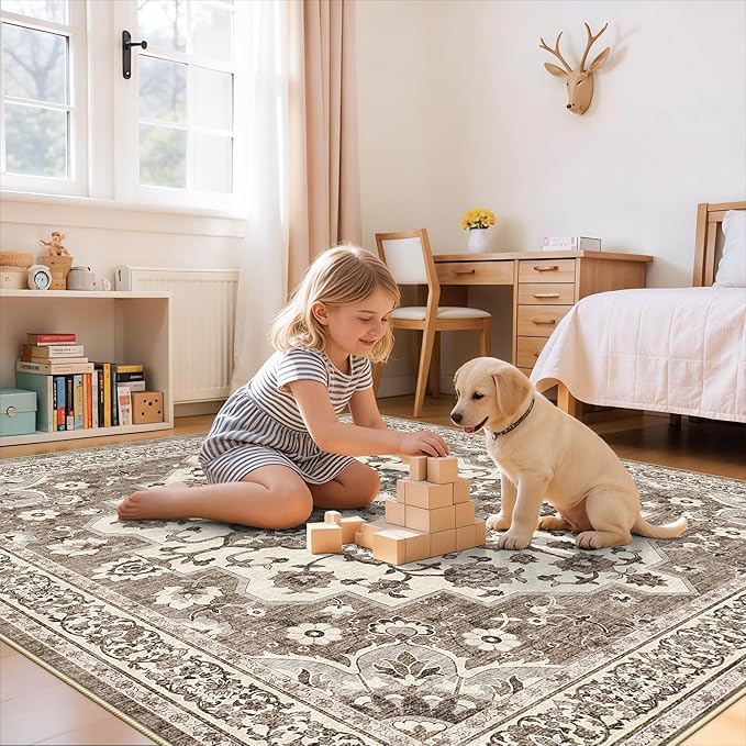 TOPRUUG Washable Oriental Area Rug - 8x8 Area Rugs for Living Room Bedroom Dining Room Under Kitchen Table - Non-Slip & Stain Resistance Rug for High Traffic Area (Beige, 8x8)