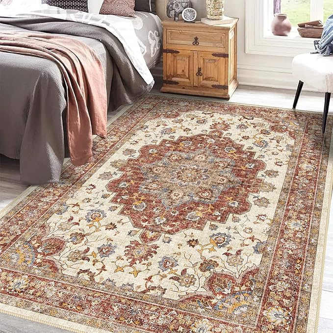 TOPRUUG Washable Oriental Area Rug - 5x8 Rugs for Living Room Soft Carpet for Bedroom Waterproof Floral Distressed Indoor Stain Resistant Non-Shedding Floor Carpets (Red, 5x8)