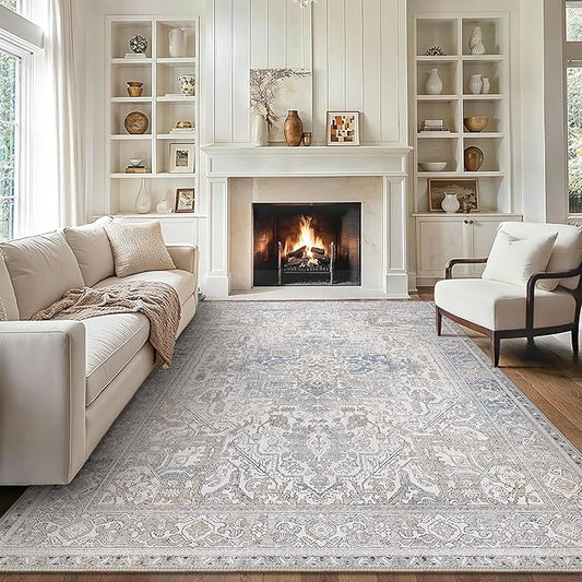 GENIMO 6x9 Area Rugs for Living Room, Machine Washable Rug, Non Slip Indoor Vintage Rug, Low Pile Lightweight Chenille Print Carpet for Bedroom Dining Room Home Office, Khaki Blue