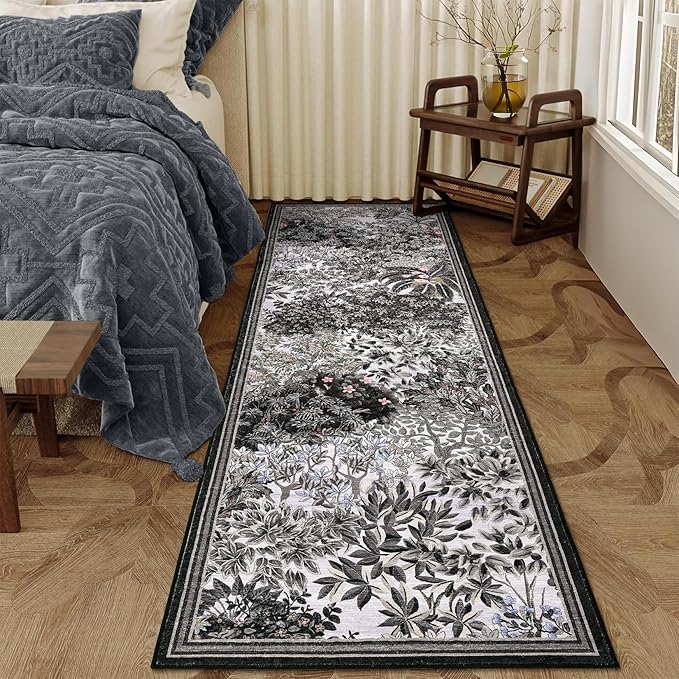 GarveeHome Forest Runner Rug, Blue Grey Washable Runner Rug 2x6 for Kitchen, Botanical Low Pile Non Slip Stain Resistance Woodland Hallway Rug for Entryway Bedroom Laundry Room