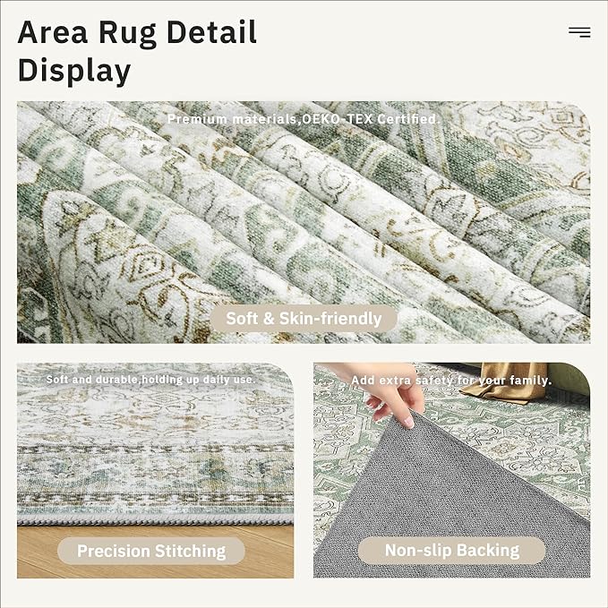 Soalmost 3x5 Rug, Small Area Rug for Kitchen, Entryway, Machine Washable Non-Slip Throw Rug, Vintage Carpet for Nursery Coffee Table Green/Brown