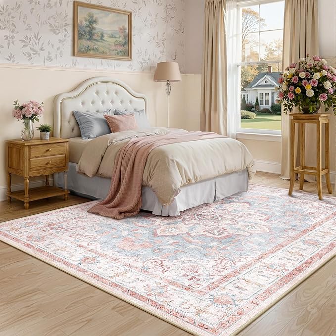 CAPALOCA Machine Washable Rugs Nursery Rug 5x7 Cute Girl Non Slip Low Pile Water Repellent Soft Print Pattern for Bedroom Indoor Decor Kids Playroom Pink Blue