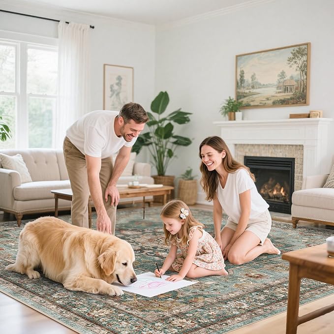 TOPRUUG Washable Oriental Area Rug - 6x9 Rugs for Living Room Soft Carpet for Bedroom Waterproof Floral Distressed Indoor Stain Resistant Non-Shedding Floor Carpets (Green, 6x9)