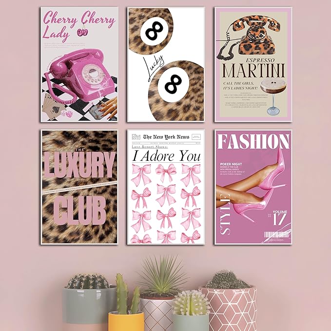 ZxXzkwpP Pink Cheetah Print Room Decor Poster, Trendy Fashion Leopard Print Wall Art Aesthetic Lucky 8 Ball Poster Coquette Preppy Y2k Red Funky Art For Bedroom (Pink 16x24x6 Unframed)