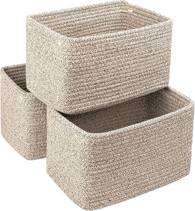 R RUNKA Small Cotton Rope Basket – Storage Bin for Organizing (10.6" x 6.7" x 6.7"), Bathroom Storage Basket for Shelf, Counter & Closet（Beige）