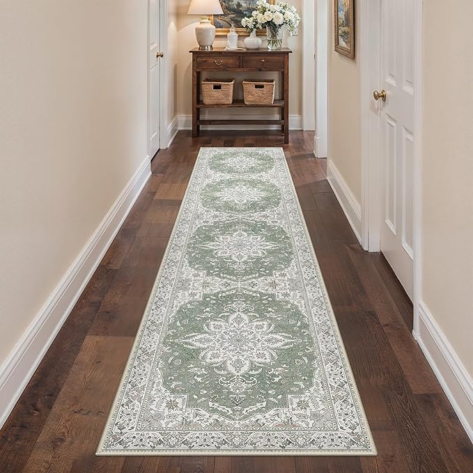 GENIMO 2'6''x6 Washable Vintage Runner Rug for Hallway, Non-Slip Low Pile Chenille Print Rug, Soft Rugs for Indoor Entryway Kitchen Corridor, Sage & Linen