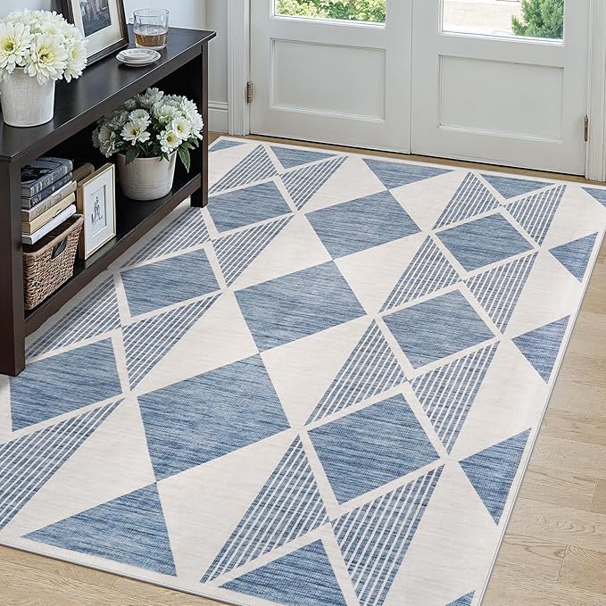 TOPRUUG Area Rug 5x6 Washable: Geometric Non-Slip Low Pile Rugs for Living Room Large Kitchen Bedroom Office - Ultra Soft Modern Aesthetic Home Decor (Blue White, 5X6)