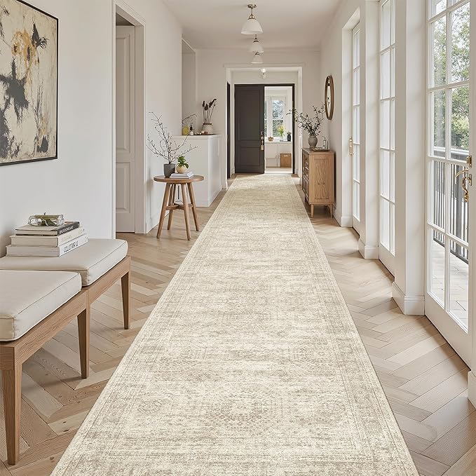 Soalmost Hallway Runner Rug 3x18 - Kitchen Rugs 18ft Washable Entryway Rug Vintage Kitchen Runners Non Slip Farmhouse Indoor Carpet Runner for Living Room Bedroom, Beige