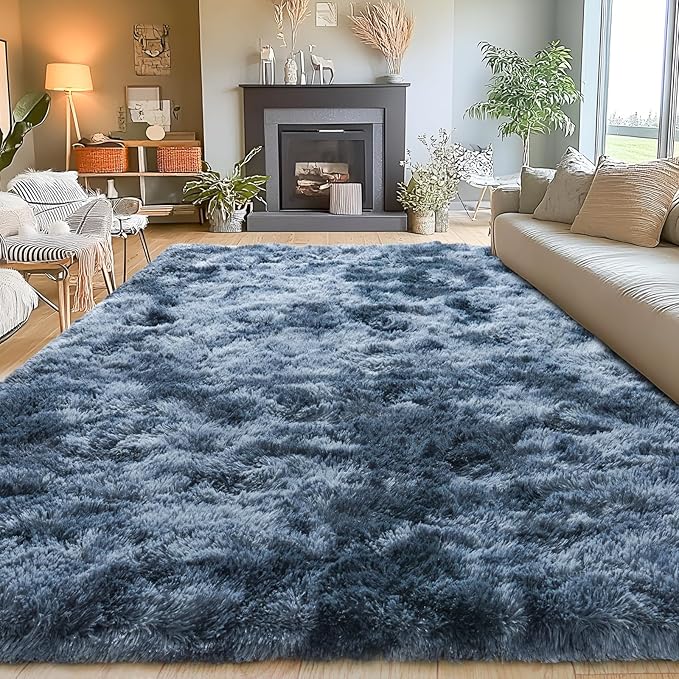 8x10 Area Rugs for Living Room, Ultra Soft Fluffy Large Shaggy Rug Carpet for Bedroom, Non-Slip Fuzzy Plush Rugs for Nursery Boys Girls Kids Room Modern Indoor Home Decor, Tie-Dyed Blue Grey