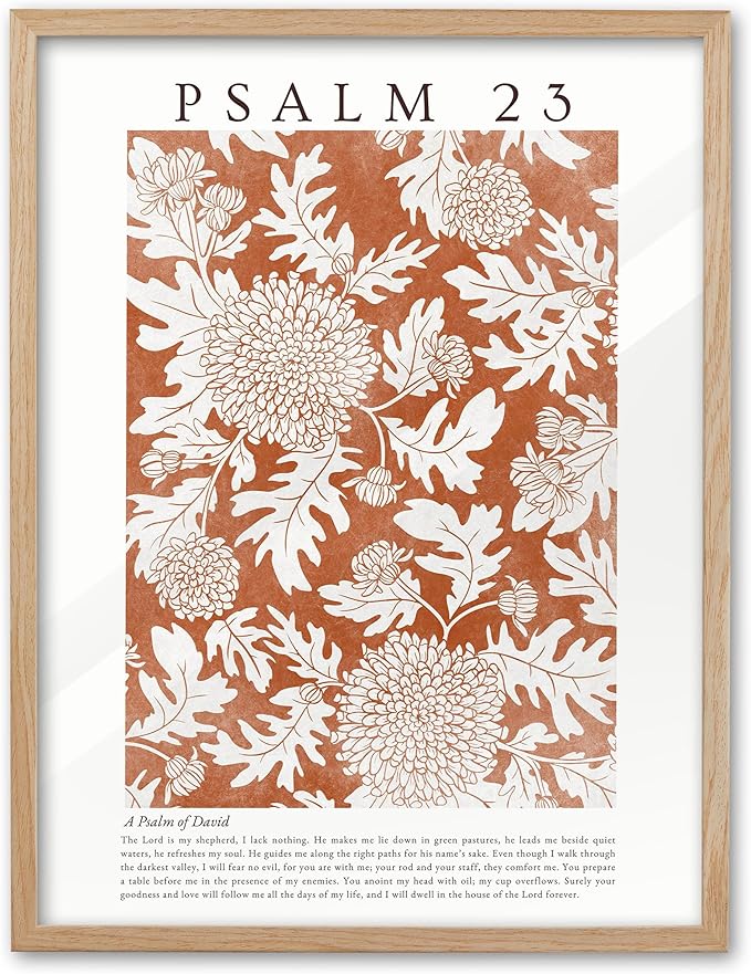 EcoHest Christian Bible Verse Framed Wall Art, 12x16 in OAK Wood A Psalm of David Canvas Wall Art, Psalm 23 Orange Faith Home Decor, Thanksgiving Scripture Set of 1 for Bedroom Living Room